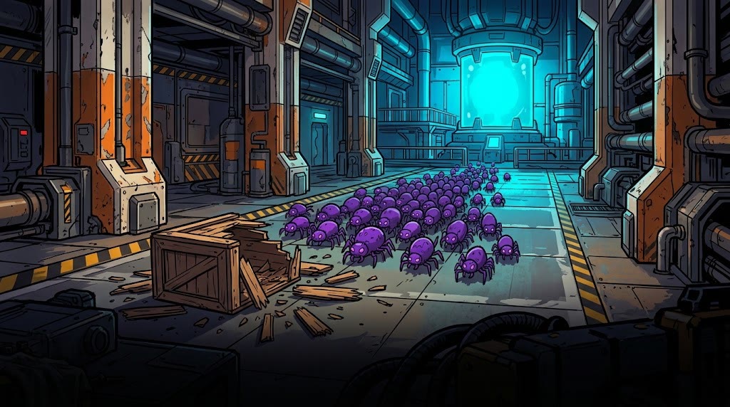 A swarm of small purple creatures in a corridor